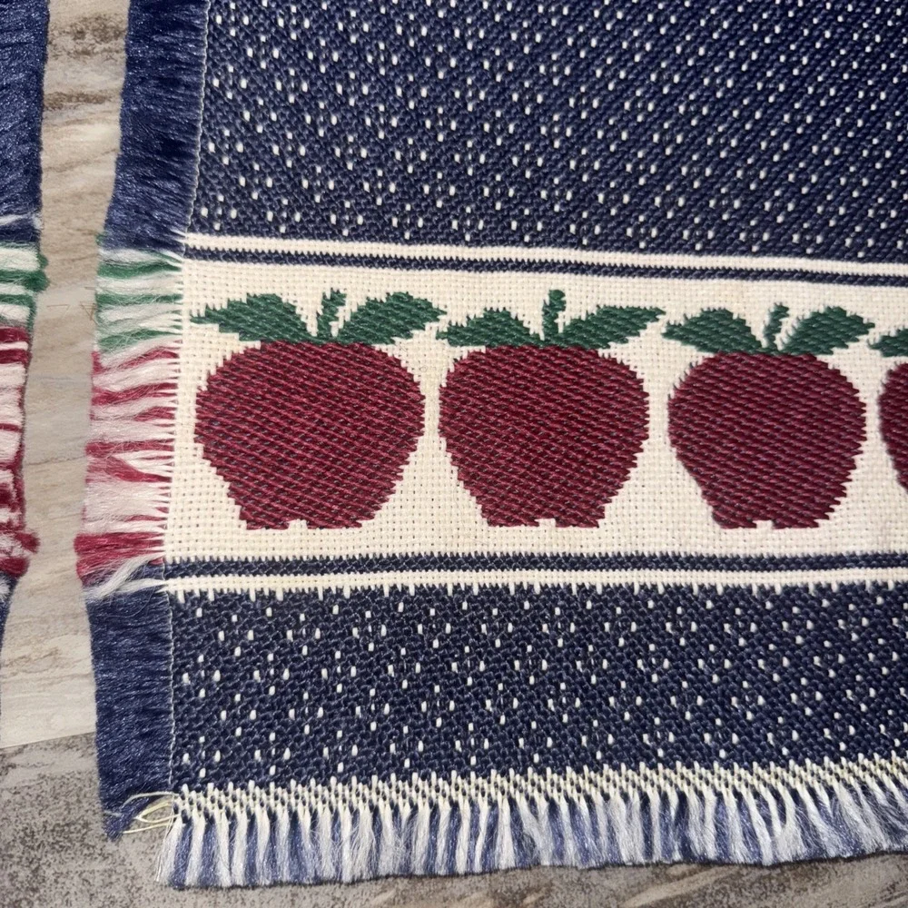 Set Of 2 VTG Apple Placemats Loomed Fringe Blue Cream Burgandy Speckled 20X14